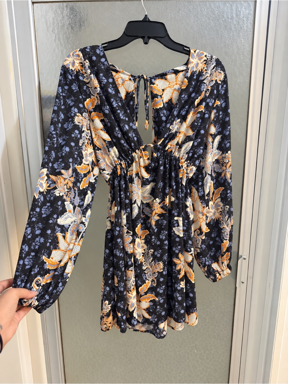 Free People Black Floral Long-Sleeve Mini Dress with Yellow Accents